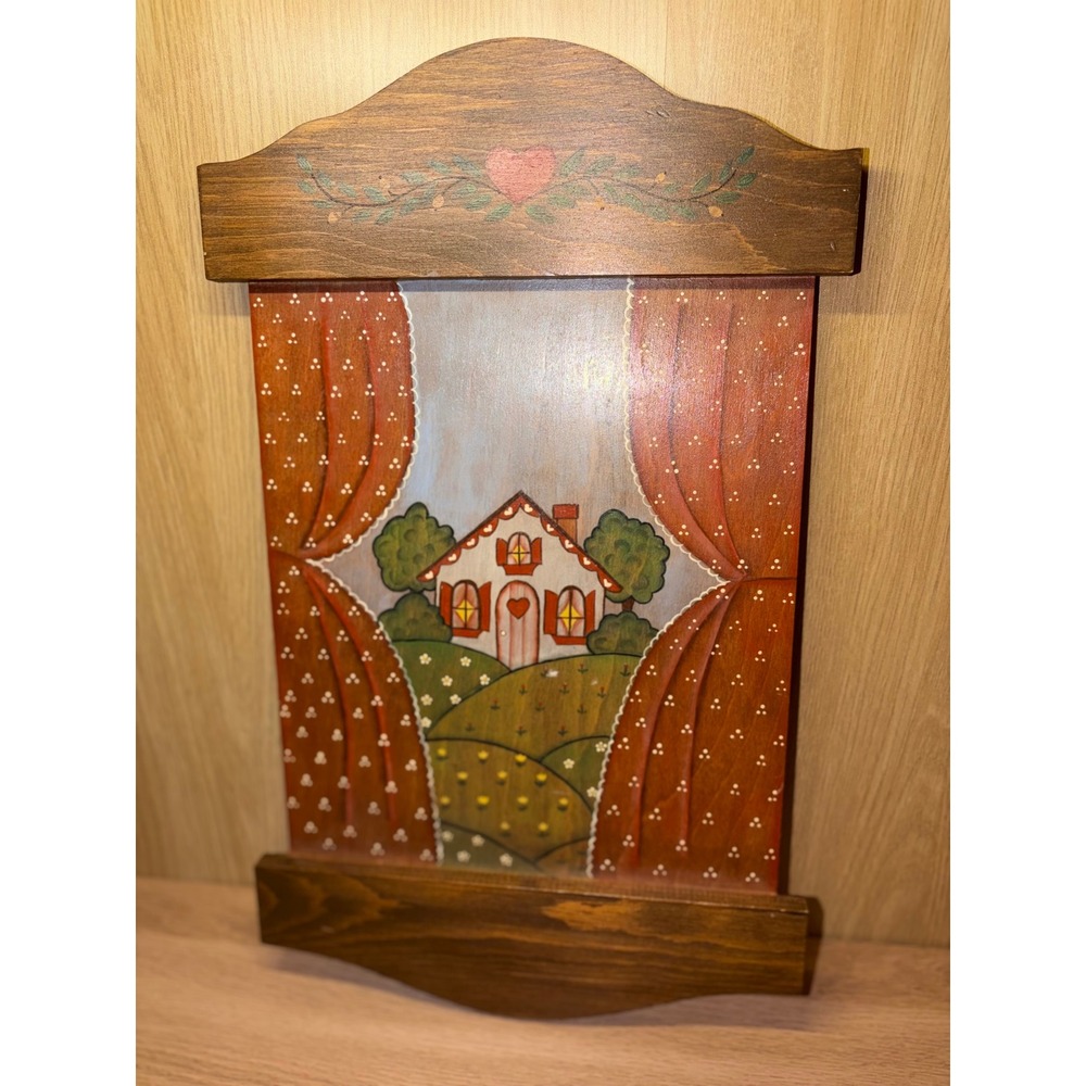 Vintage 1987 Hand Painted Folk Art Wood Wall Hanging Cottage Scene Heart Decor